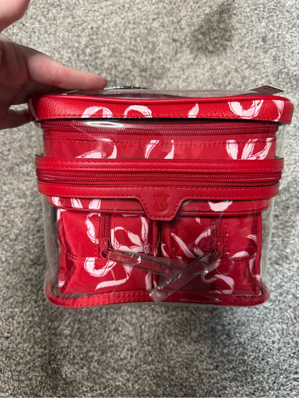 Victoria's Secret Red Clear Floral Travel Cosmetic Case